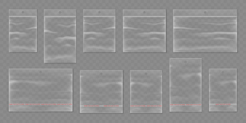 Realistic sealed bags with self adhesive flap. Set of isolated sealed transparent waterproof container pack with hanger. Storage sachet with ziplock or pouch with zip. Polymer zipper storage template © Sensvector