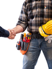 Close-up of a handshake of the electrician carpenter holding helmet and protective goggles in hand. Construction industry, electrical system. Isolated on a white background.