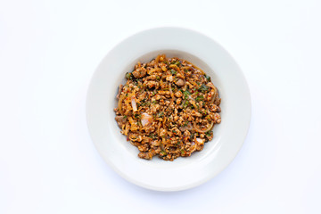 Spicy mince pork salad on white bakcground.
