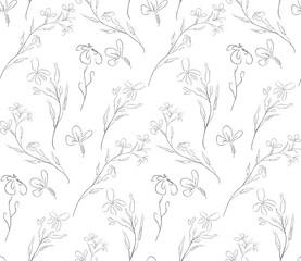 Vector Hand Drawn Line Drawing Doodle Floral Seamless Pattern with Wildflowers, Plants, Branches, Leaves, Flowers Design Elements Illustration. Branding. Swatch