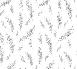 Vector Hand Drawn Line Drawing Doodle Floral Seamless Pattern with Wildflowers, Plants, Branches, Leaves. Design Elements Illustration. Branding. Swatch