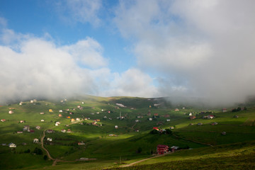 Fototapeta na wymiar green lawns and mountains in fog trabzon turkey