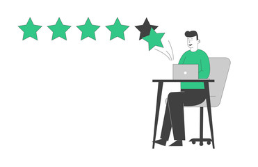 Ranking Evaluation and Rating Classification Concept. Businessman Character Click on Green Stars in Pc to Increase Rate, Give Review and Feedback for Services in Internet. Linear Vector Illustration