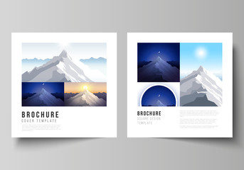 The minimal vector layout of two square format covers design templates for brochure, flyer, magazine. Mountain illustration, outdoor adventure. Travel concept background. Flat design vector.