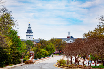 Entrance road and panorama of Annapolis, Maryland's capital city, is on Chesapeake Bay