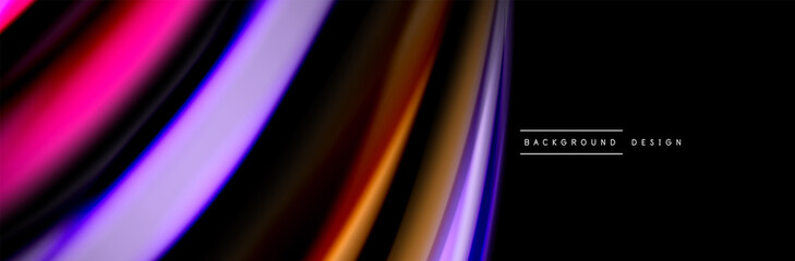 Silk and smooth flow wave poster design. Color waves, liquid style lines and shapes in black color background