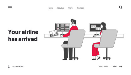 Air Controllers Characters Working Landing Page Template. Airport Employees Wearing Headset Sitting at Monitors and Control Airplanes in Flight and Planes on Runway. Linear People Vector Illustration