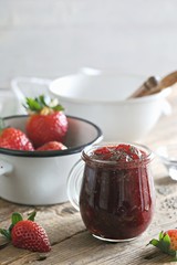 Strawberry marmelade, jam, confiture or jelly. Home canning ham. Selective focus