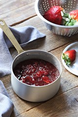 Strawberry marmelade, jam, confiture or jelly. Home canning ham. Selective focus