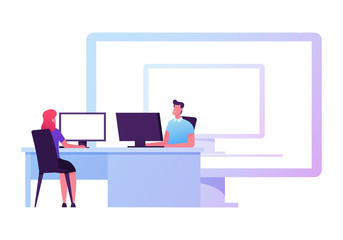 Male and Female Business People Characters Sitting at Office Desk Working on Pc front of Huge Desktop with Computer Monitor on Screen. Virtual Machines, Computing Concept. Cartoon Vector Illustration