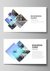 The minimalistic abstract vector illustration of the editable layout of two creative business cards design templates. Creative trendy style mockups, blue color trendy design backgrounds.
