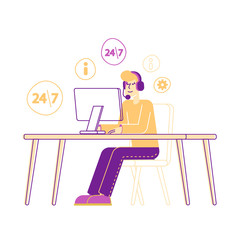 Hotline Call Center Customer Service Character in Headset Work on Computer. Operator and Client Communication, Technical Support Specialist Solve Client Problems Online. Linear Vector Illustration