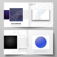 Fototapeta na wymiar Vector layout of two covers templates for square design bifold brochure, flyer. Digital technology and big data concept with hexagons, connecting dots and lines, polygonal science medical background.