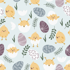 seamless pattern with chickens and colored eggs - vector illustration, eps