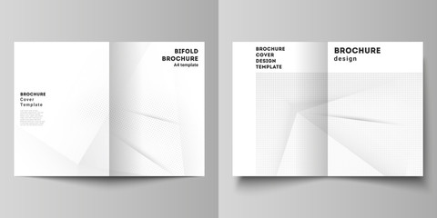 Fototapeta premium Vector layout of two A4 cover mockups design templates for bifold brochure, flyer, cover design, book design, brochure cover. Halftone effect decoration with dots. Dotted pop art pattern decoration.