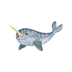 Cute sea narwhal-watercolor illustration isolated on white background. Cartoon stylized animal character, hand drawn clipart. Illustration for clothes, stickers, baby shower, greeting cards, prints. © NatNat