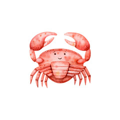 Cute crab-watercolor illustration isolated on white background. Cartoon stylized animal character, hand drawn clipart. Illustration for clothes, stickers, baby shower, greeting cards, prints.