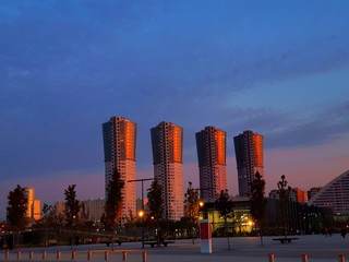 Obraz premium skyscrapers on a background of pink sunset