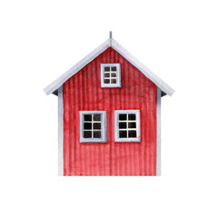 Red northern scandinavian house with white windows- watercolor illustration isolated on white background, hand drawn clipart. Illustration for clothes, stickers, baby shower, greeting cards, prints.