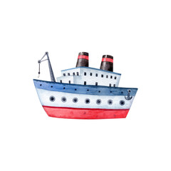 Fototapeta premium Ship - watercolor illustration isolated on white background, hand drawn clipart. Cartoon fishing boat. Illustration for clothes, stickers, baby shower, greeting cards, prints.