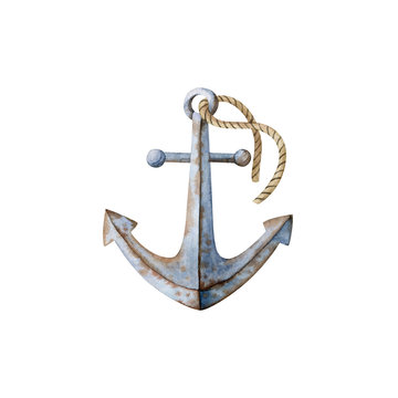 Rusty anchor with rope- watercolor illustration isolated on white background, hand drawn clipart. Illustration for clothes, stickers, baby shower, greeting cards, prints.