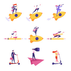Set of Business People Characters Flying on Rocket, Paper Airplane and Huge Pencil Look in Spyglass and Binoculars, Hold Flag, Riding Scooter Isolated on White. Cartoon Vector Illustration, Clip Art