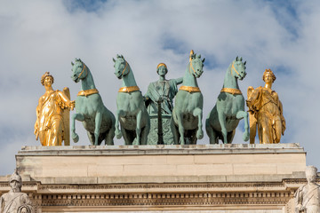 Close-up of the horses of Saint Mark statues on the Arc de Triomphe du Carrousel in Paris (copy of the originals, located in Venice)