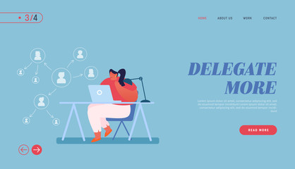 Authority and Responsibilities Delegation Landing Page Template. Productive Business Woman Character Working on Laptop with Arrow Scheme of Delegating Workflow Tasks. Cartoon Vector Illustration