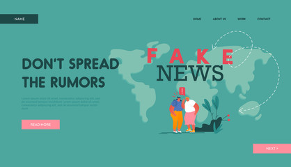 Fake News Landing Page Template. Couple of Women Characters Telling Gossips to Each Other on World Map Background, Information Worldwide Spreading, Mass Media. Cartoon People Vector Illustration