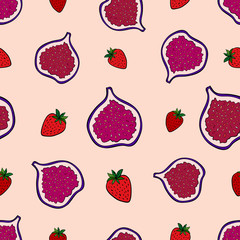 Sliced ripe figs and strawberries on light pink-yellow background. Seamless summer fresh pattern. Suitable for packaging, textile.