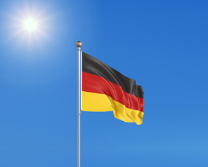 3D illustration. Colored waving flag of Germany on sunny blue sky background.