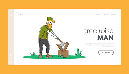 Young Man Chopping Wood Landing Page Template. Bearded Character with Ax s Cut Logs and Timbers. Tourist Spend Time Outdoors on Nature. Camping, Hiking Active Lifestyle. Linear Vector Illustration