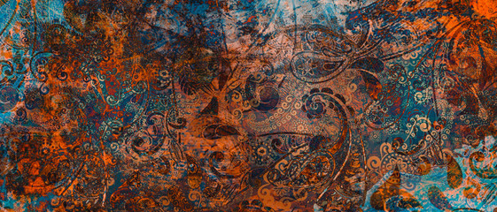 mandala colorful vintage art, ancient Indian vedic background design, old painting texture with multiple mathematical shapes © RAKR