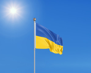 3D illustration. Colored waving flag of Ukraine on sunny blue sky background.