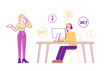 Smiling Friendly Male Call Center Agent Character Wearing Headset Working on Support Hotline in Office Helping Female Client to Figure Out with Technical Problems. Linear People Vector Illustration
