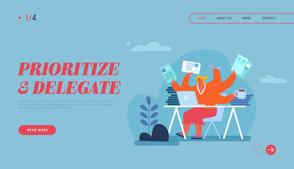 Delegation of Charges and Multitasking Landing Page Template. Busy Woman Character with Many Hands Sitting at Workplace with Laptop Holding Stationery and Working Tools. Cartoon Vector Illustration