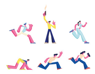 Set of People Running, Sport Run Competition. Athlete Sprinter Runner Sportsmen Male Female Characters Marathon Sprint Race. Man Shooting with Blank Gun on Start of Track. Cartoon Vector Illustration
