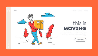 Obraz na płótnie Canvas Delivery Man Working Landing Page Template. Courier Man Character Carry Parcel Box. Package Mail Delivery Service, Postage Transportation. Loader Bringing Packing in Post. Linear Vector Illustration