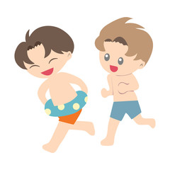 Two boys wearing swimming trunks and running. One person wore a rubber ring. Square size vector illustration about vacation holiday summer.