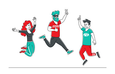 Happy Jumping People. Office Workers Team or Friends Joy, Hipster Characters, Cheerful Corporate Employees, Young Male and Female Students in Casual Clothes Diverse Group. Linear Vector Illustration