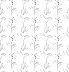 Vector Hand Drawn Line Drawing Doodle Floral Seamless Pattern with Wildflowers, Plants, Branches, Leaves. Design Elements Illustration. Branding. Swatch