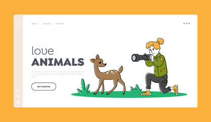 Leisure, Photo Hobby Landing Page Template. Photographer Woman Take Picture of Cute Fawn in Forest, Female Character Have Outdoor Activity, Girl Relaxing in Countryside. Linear Vector Illustration