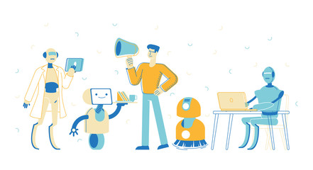Robots, Artificial Intelligence in Human Life. Man Character with Megaphone Manage Cyborgs. Chatbot Help People, Ai Faq Service, Housekeeping and Waiter, Business Assistant. Linear Vector Illustration
