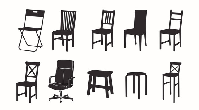 Vector Isolated Set of Different Chairs in Black and White