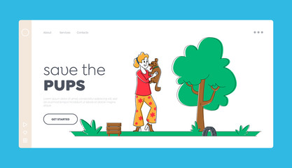 Owner Holding Dog on Hands Landing Page Template. Happy Woman Character Playing with Dog on Street in Park Having Leisure, Spend Time with Domestic Animal, Friendship. Linear Vector Illustration