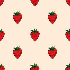 Bright red ripe strawberries on calm yellow background. Seamless summer fresh pattern. Good for packaging, textile.