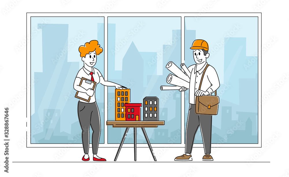 Poster architect woman or engineer character presenting model of house mock up to foreman. building and eng