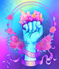 Girl Power Woman hand with crystal quartz brass knuckles. Fist raised up. Girl Power. Feminism concept. Realistic illustration in pastel goth colors.