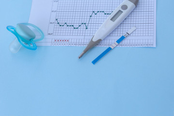 Pregnancy planning. Measurement of basal body temperature. Thermometer, nipple, temperature graph and a positive pregnancy test on a blue background. Copy space