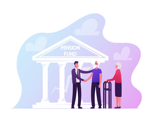 Positive Aged Couple Consulting with Insurance Agent Character who Shaking Hand to Senior Man Explaining Options Regarding the Deal Front of Pension Fund Building. Cartoon People Vector Illustration